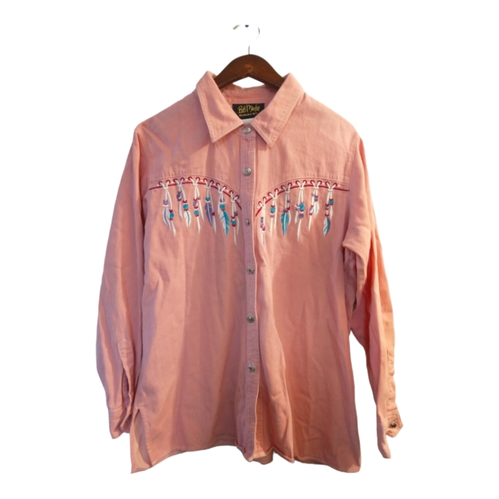 Vintage Bob Mackie Wearable Art Womens Shirt Large Pink Embroidered Cotton